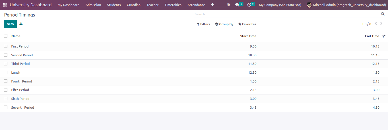 screenshot of time table management in odoo university management software